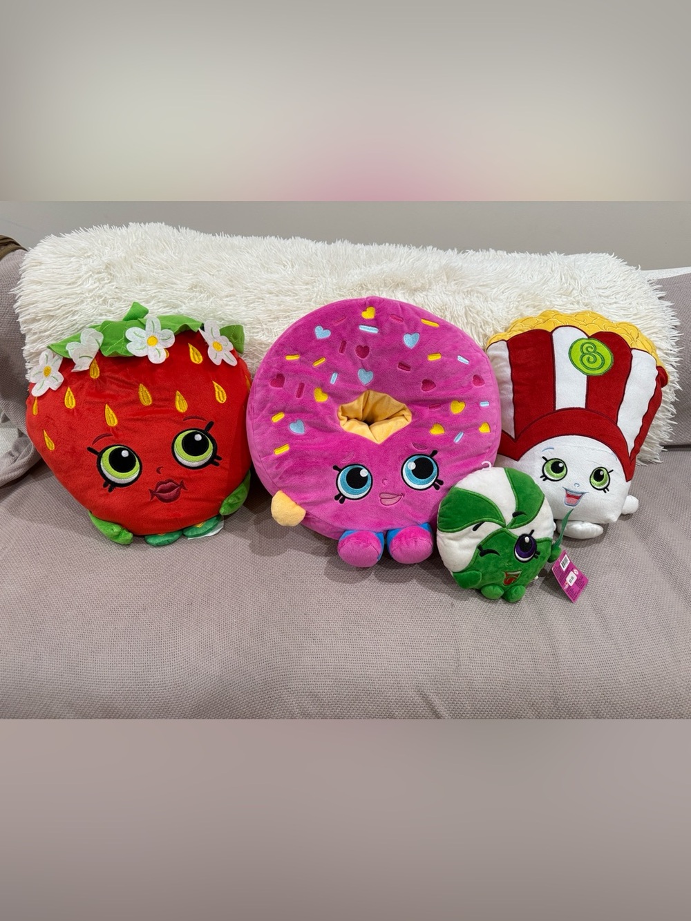 Shopkins Plushies Lot of 4 - Strawberry, Pink Donut, Green Mint Candy & Popcorn